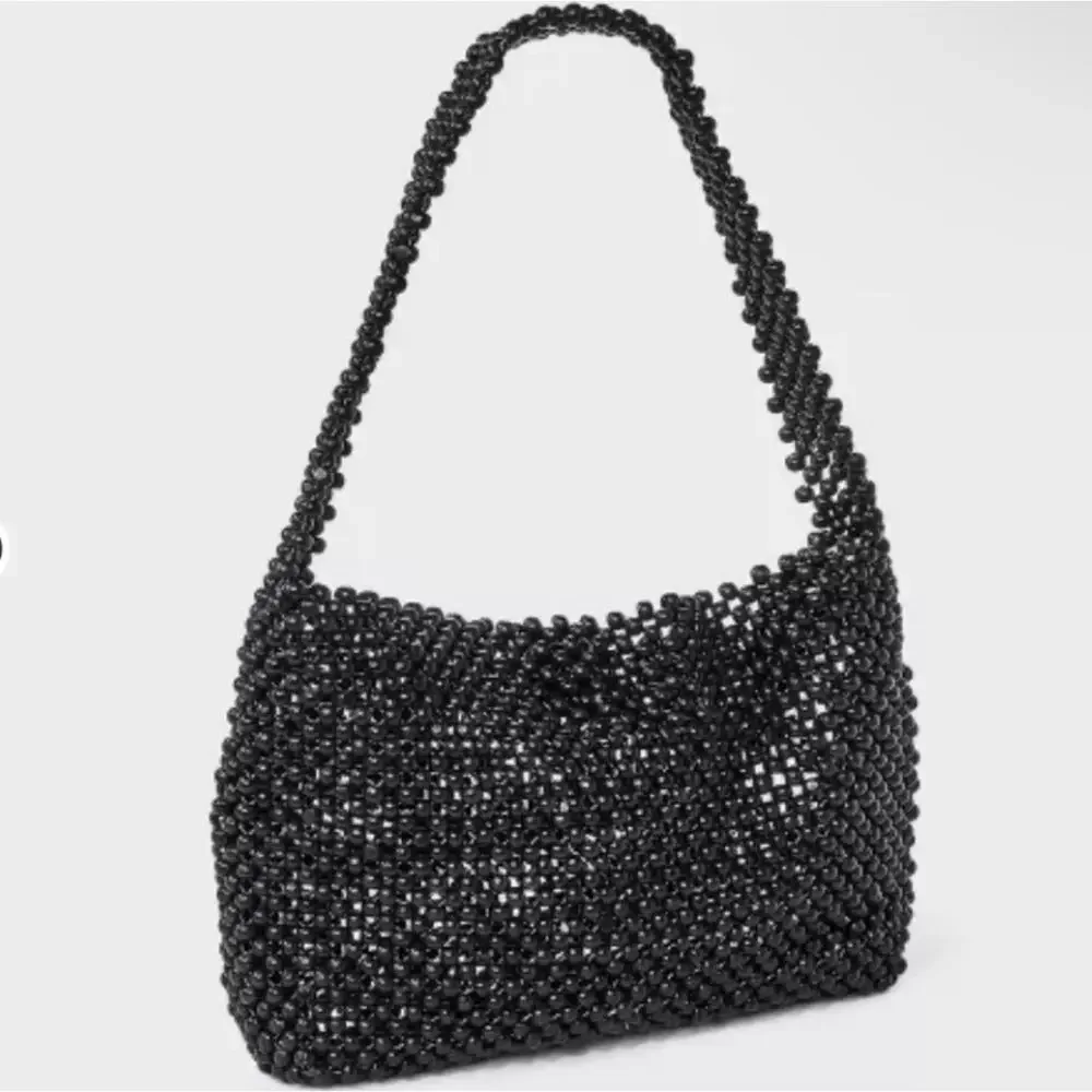 A New Day Black Beaded Handbag – Chic Shoulder Purse with Snap Closure